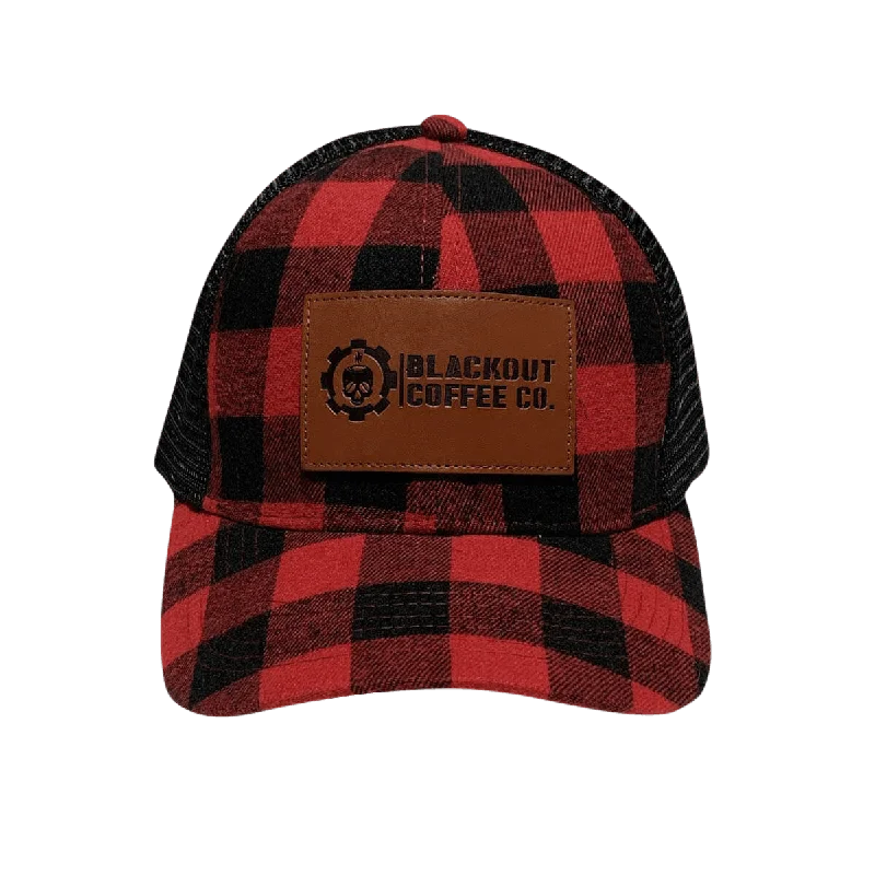 Travel Fedora Hat-Leather Patch Plaid Trucker Hat w/ Black Mesh & Snapback