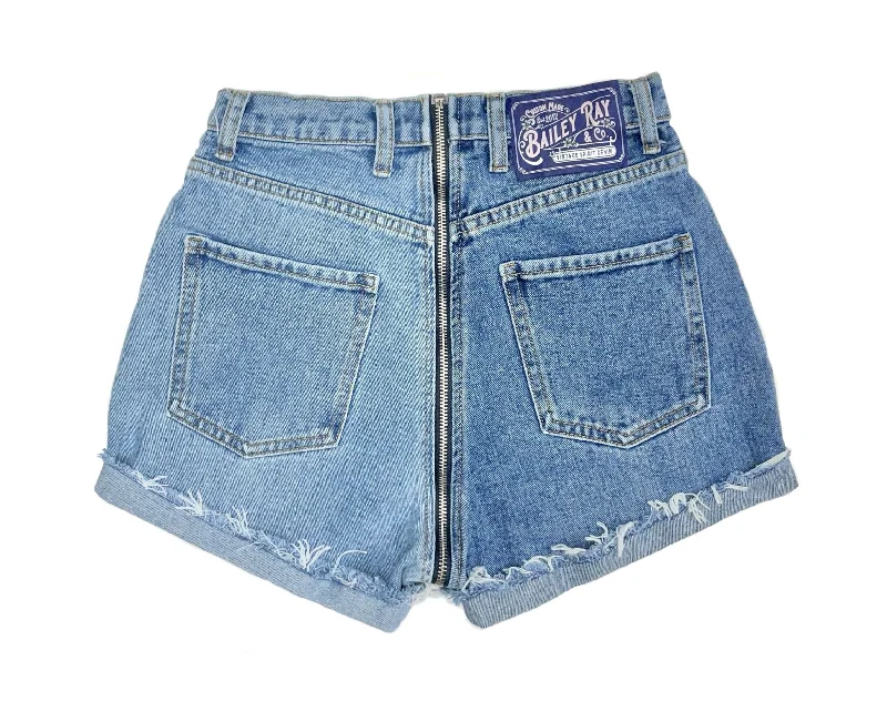 Jogger Shorts-Two Tone High Waisted Denim Shorts - Full Back Zipper - The Vivian