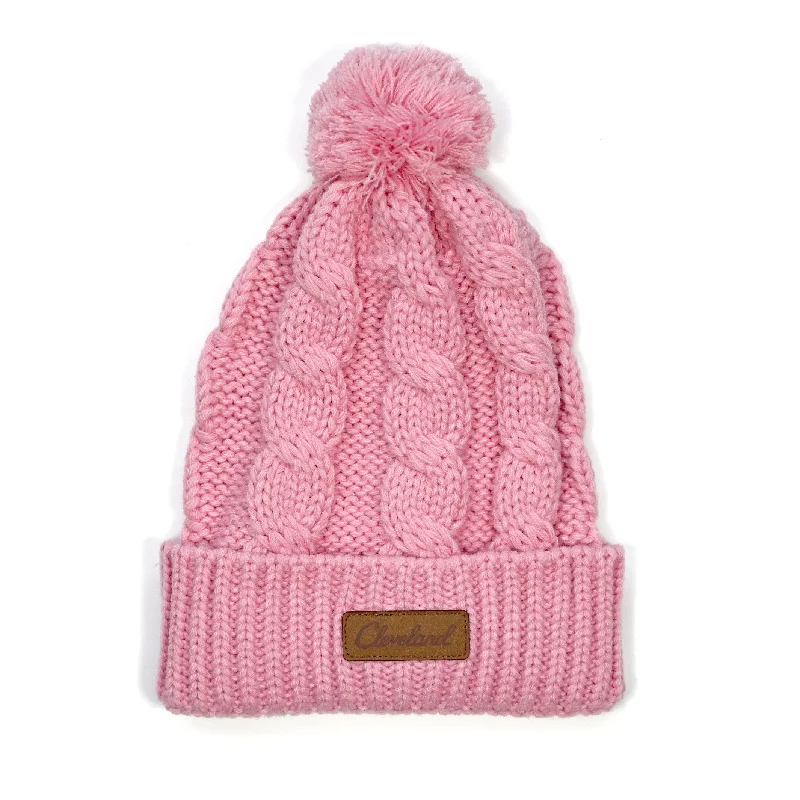 Outdoor Adventure Hat-Cleveland Leather Patch Cable Knit Beanie - Pink