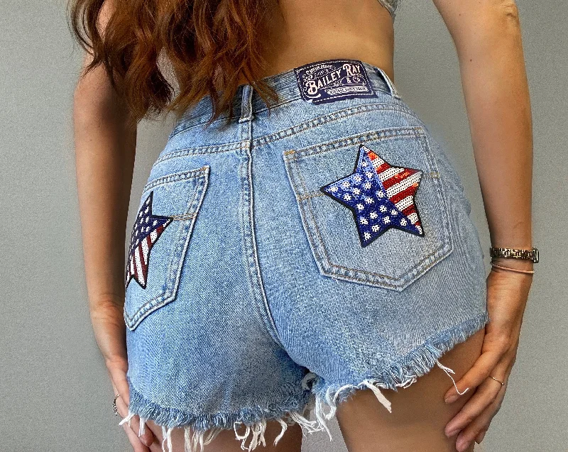 Sportswear Shorts-Patriotic Distressed High Waisted Denim Shorts  - American Flag Stars - The Eleanor