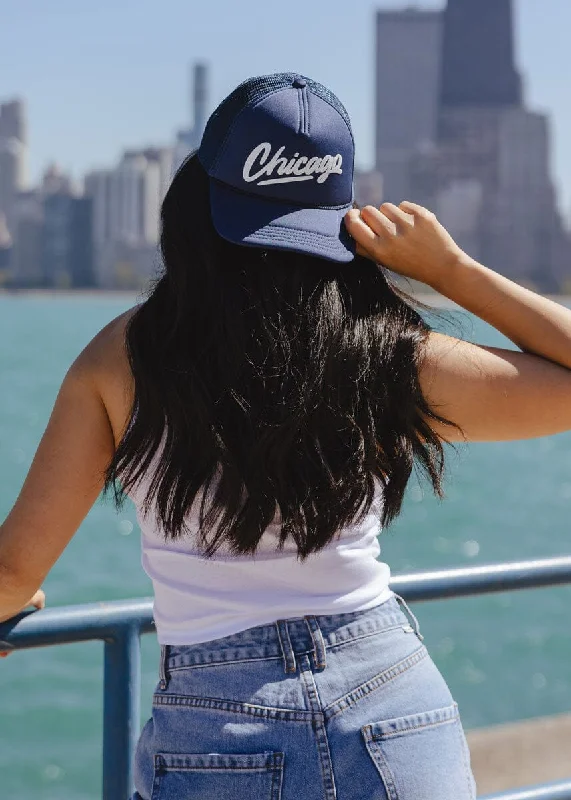 Casual Hat-Chicago Script Trucker Hat - Navy