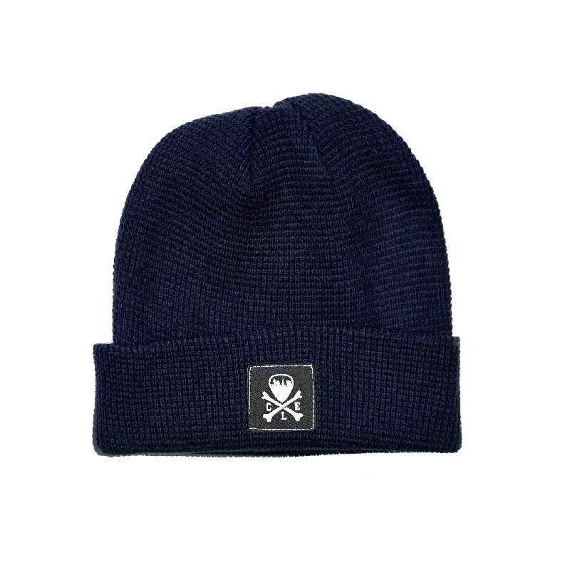 Straw Fedora Hat-CLE Logo Waffle Knit Beanie, Navy