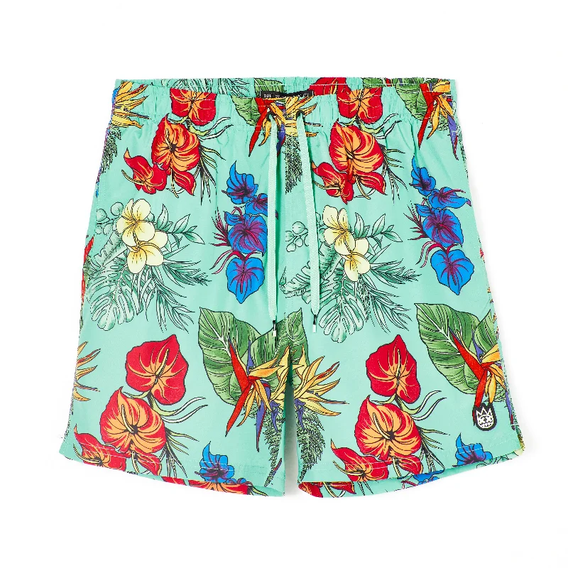 Beach Shorts-ELASTIC WAIST SWIMSUIT IN HAWAIIAN FLOWER