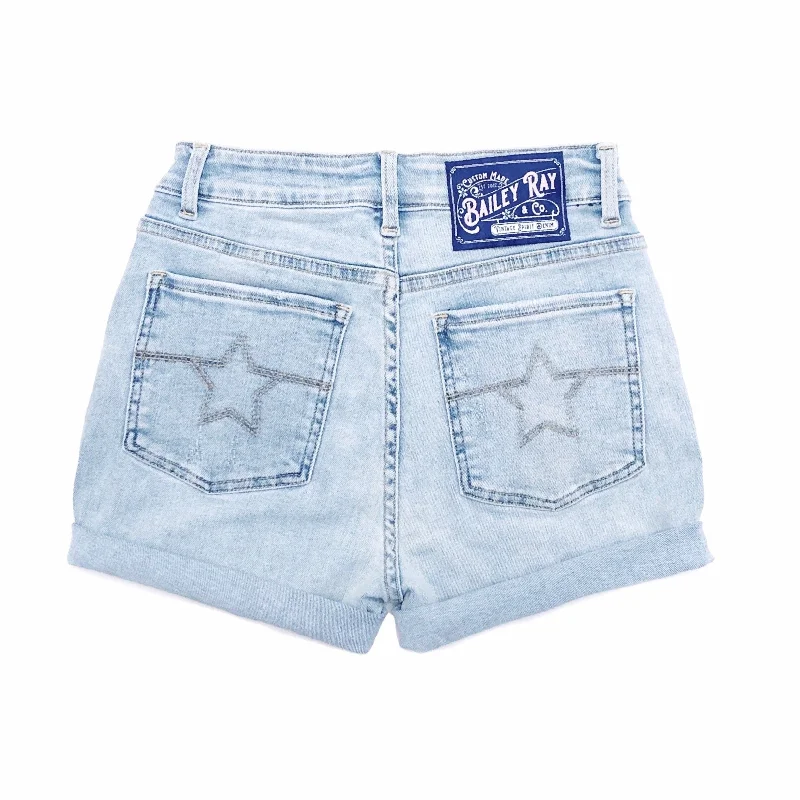 Comfortable Fit Shorts-High Waisted Denim Shorts  - The Aria - Star Stitched Pockets - Stretchy