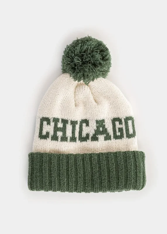 Wide Brim Hat-Adult Mad Hatter Two-Tone Chicago Pom Beanie - Green