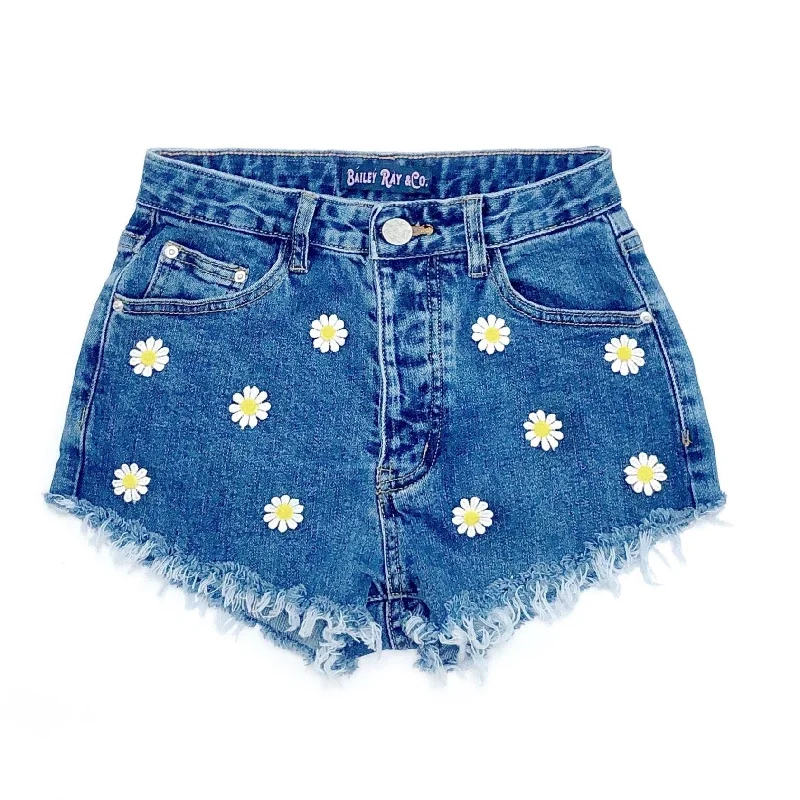 High-Waisted Shorts-High Waisted Denim Shorts  with Daisies - The Lana