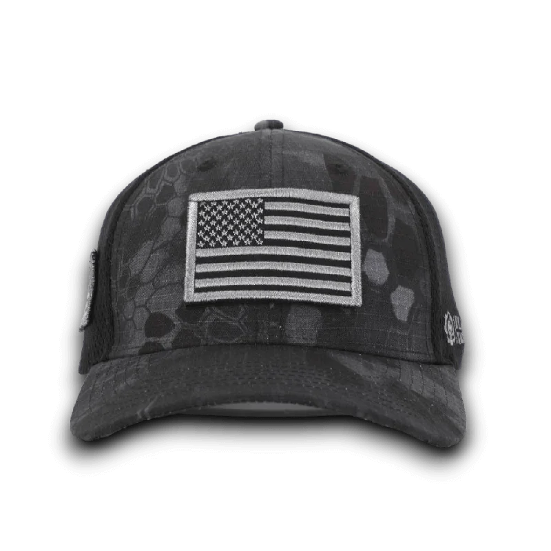 Airy Hat-PYTHON BLACK CAMO HAT WITH AMERICAN FLAG PATCH