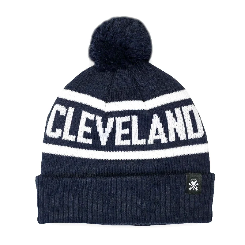 Knit Beanie Hat-Cleveland Jacquard Pom Beanie - Navy