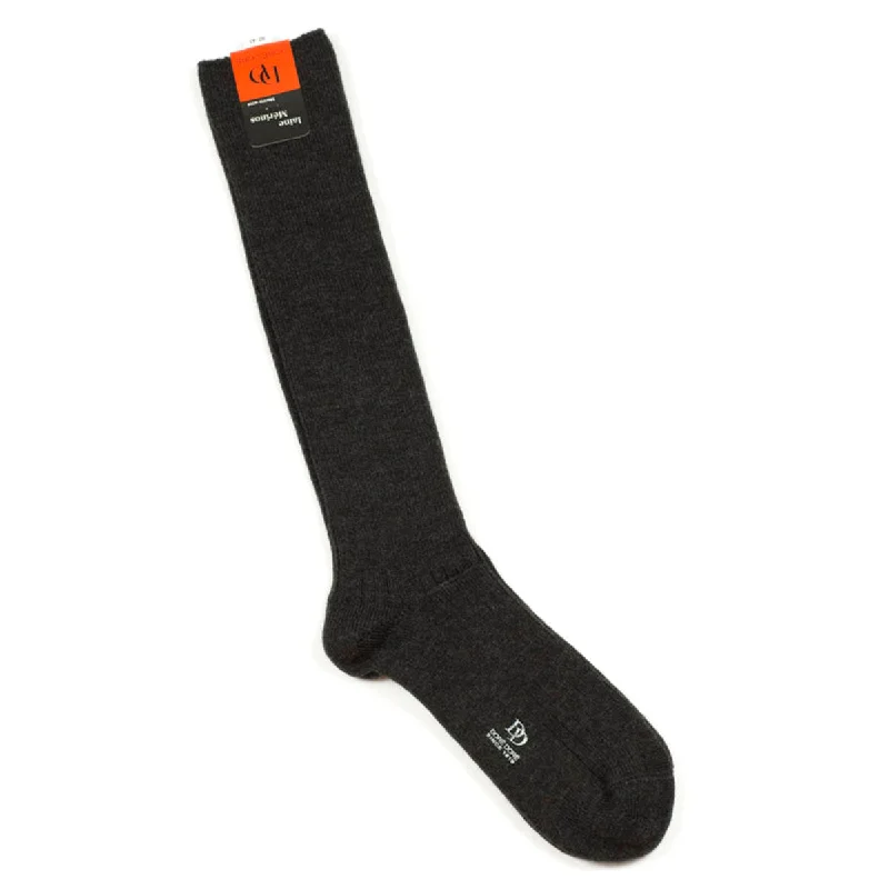 Cotton Sport Socks-Chunky ribbed merino wool long socks, charcoal grey