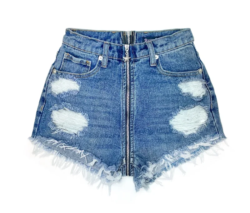 Stylish Shorts-Distressed High Waisted Denim Shorts - Full Back Zipper - The Claudie