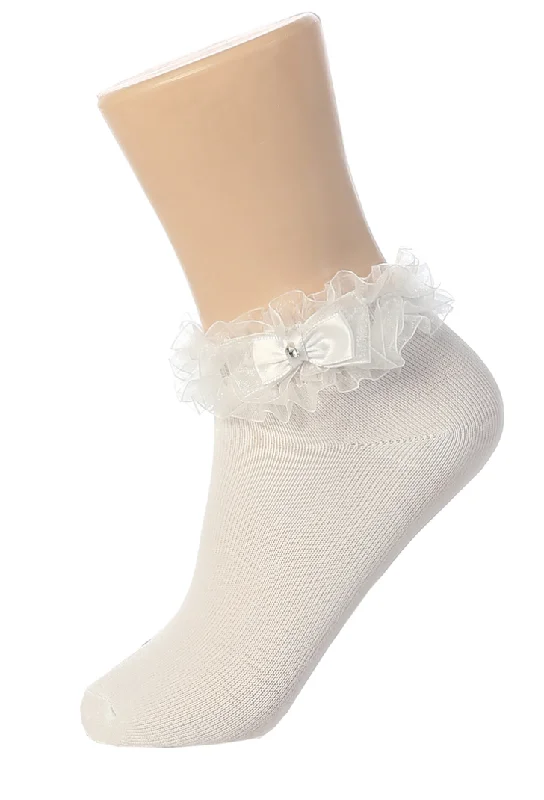 Crew Socks-Tip Top Ruffle Rhinestone Bow Socks