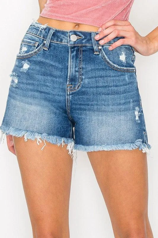 Sporty Shorts-MEAGAN MID RISE DISTRESSED SHORTS