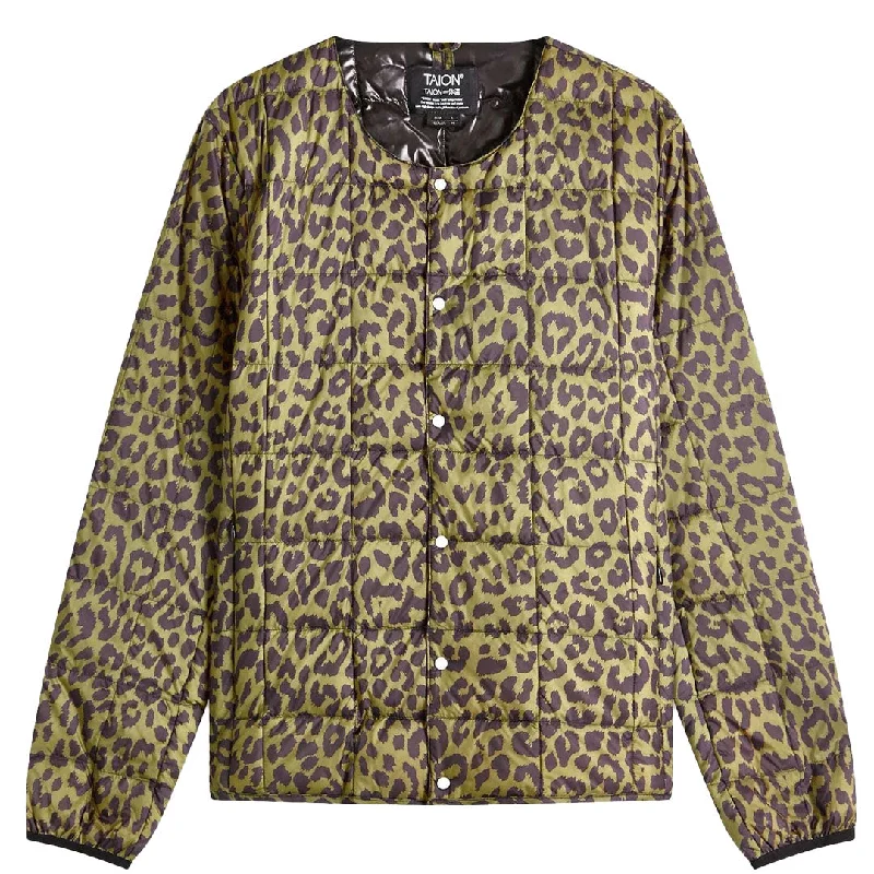 Winter Jacket-Taion Womens Crew Neck Button Down Jacket Leopard