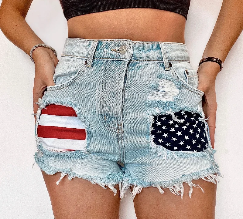 Lightweight Shorts-Patriotic Distressed High Waisted Denim Shorts  - American Flag - The Harriet