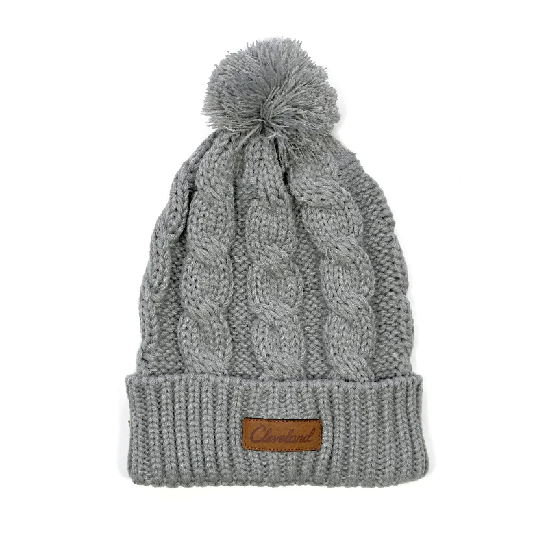 Urban Hat-Cleveland Leather Patch Cable Knit Beanie - Grey