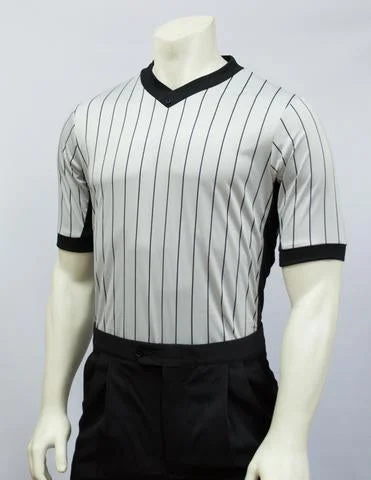 Relaxed Blouse-BKS206-Smitty Grey Elite Performance Interlock V-Neck Shirt w/ Black Pinstripe and Side Panel