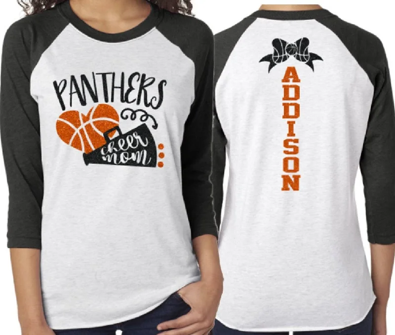 Printed Shirt-Glitter Basketball Cheer Mom Shirt | Cheer Shirt | 3/4 Sleeve Raglan | Customize Your Team & Colors