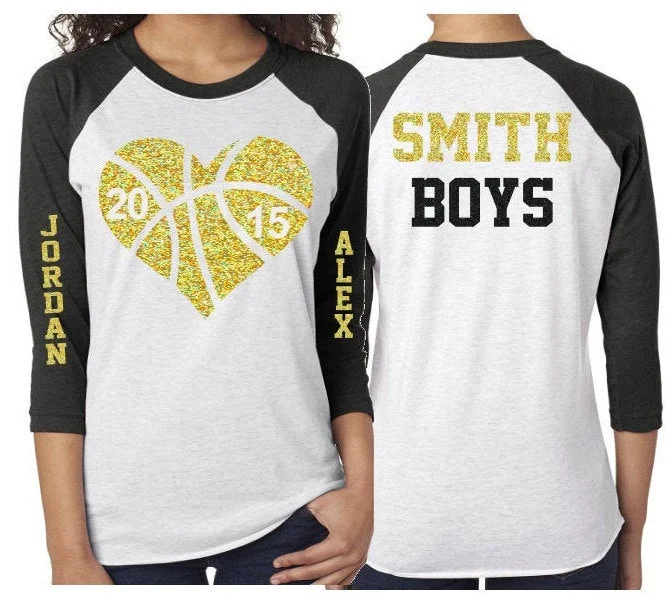 Striped Shirt-Glitter Basketball Heart Shirt | Basketball Tshirts | Two Numbers | Basketball Mom Shirts | Basketball Bling | 3/4 Sleeve Raglan | Customize