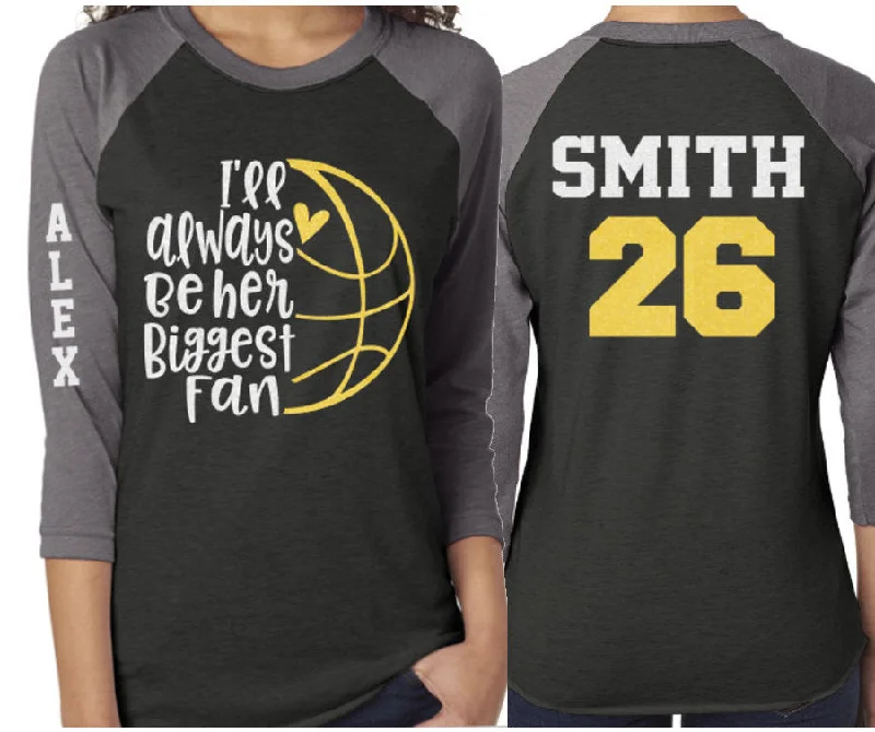 Silk Blouse-Glitter Basketball I'll Always Be Her Biggest Fan | Basketball Mom Shirt | 3/4 Sleeve Raglan | Customize Colors