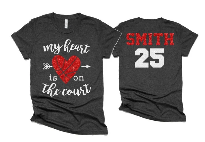 Sleeveless Shirt-Glitter Basketball Mom Shirt | My Heart is on that Court | Short Sleeve Shirt | Bella Canvas Tshirt | Customized Name & Colors