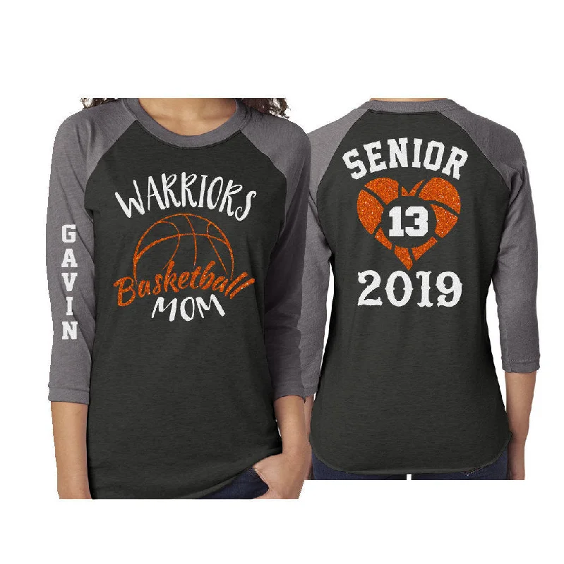 Striped Blouse-Glitter Basketball Senior Mom Shirt | Basketball Senior Shirt | Customized 3/4 Sleeve Raglan | Basketball Shirt Grandma, Aunt, Stepmom