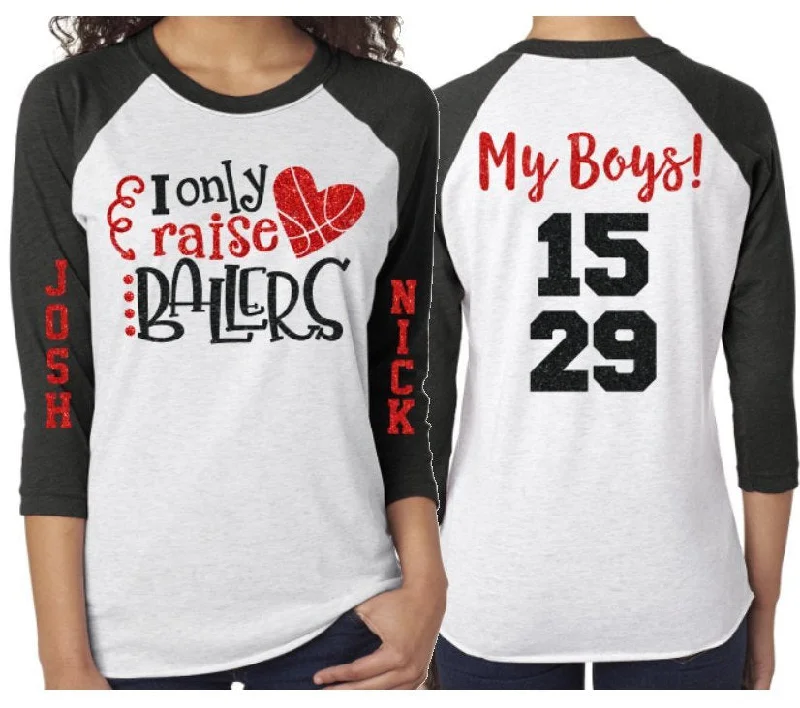 Floral Blouse-Glitter Basketball Shirt | I Only Raise Ballers Shirt | Two Names Two Numbers | Customized 3/4 Sleeve Raglan | Basketball Mom Shirt