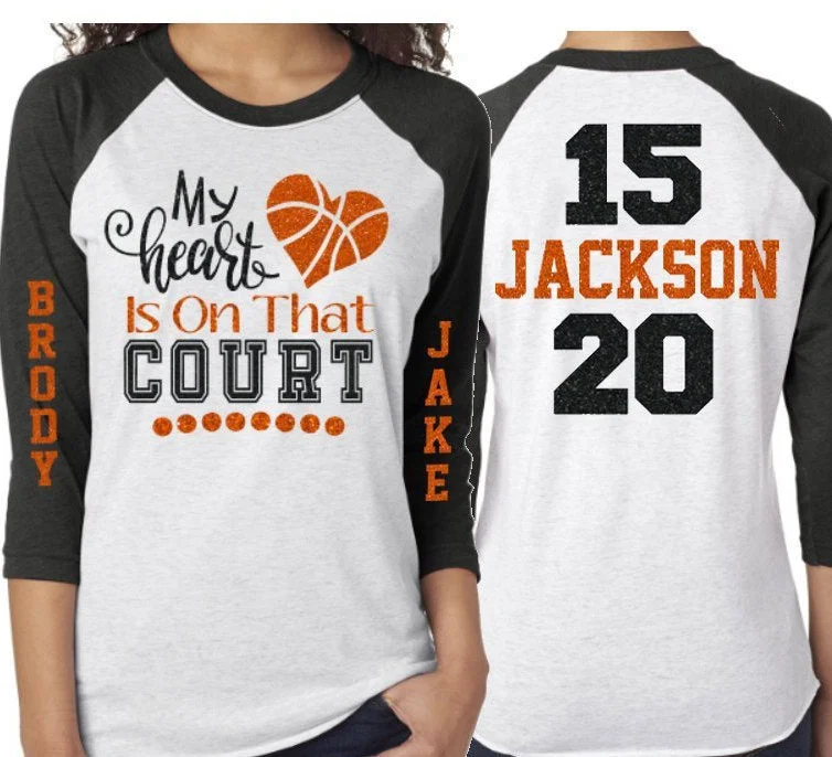 Lightweight Blouse-Glitter Basketball Shirt | My Heart is that Court | Two Numbers | Two Players| Customized 3/4 Sleeve Raglan