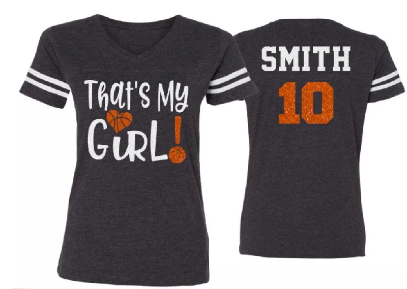 Cotton Blouse-Glitter Basketball That's My Girl Shirt | Basketball Mom Vneck Short Sleeve Shirt | Customized Basketball Shirt